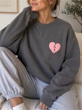 WILDFOX Charcoal Pullover Sweatshirt with Pink Heart Graphic